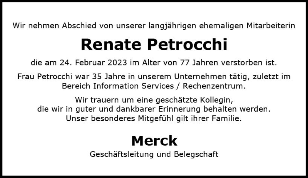  Traueranzeige für Renate Petrocchi vom 06.03.2023 aus Darmstädter Echo