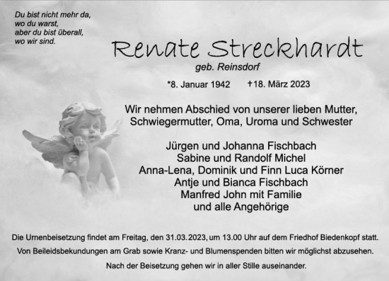 Traueranzeige von Renate Streckhardt von Hinterländer Anzeiger