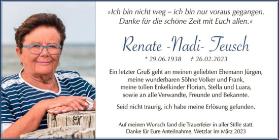 Traueranzeige von Renate Teusch von Wetzlarer Neue Zeitung