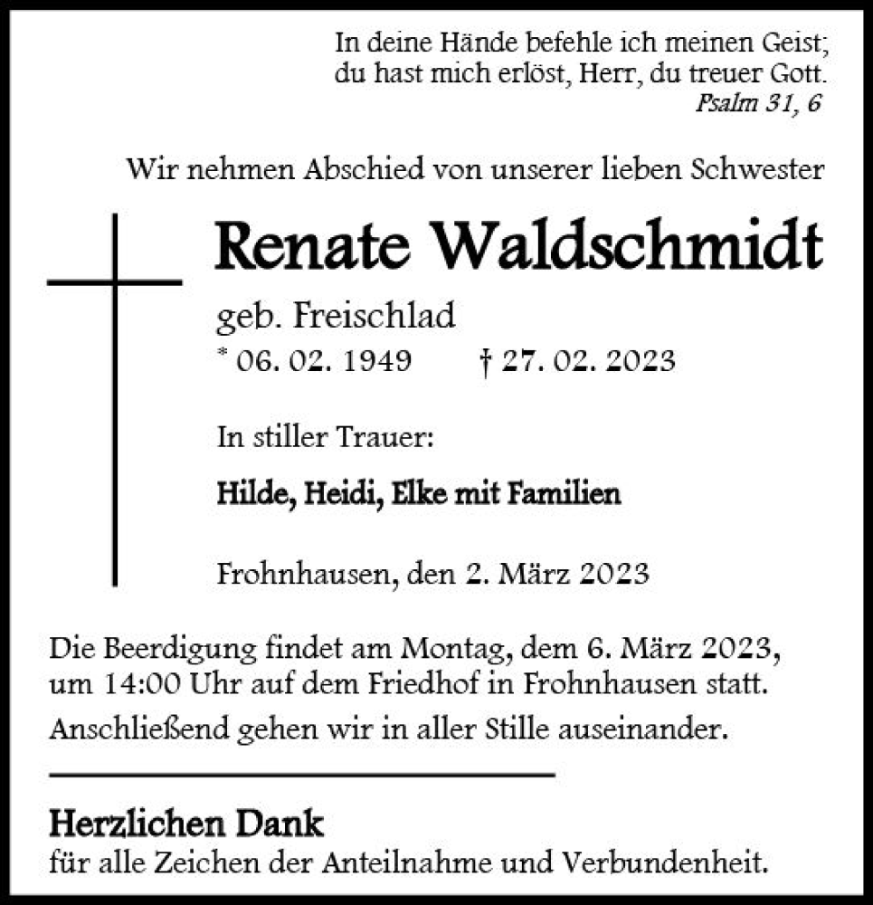  Traueranzeige für Renate Waldschmidt vom 02.03.2023 aus Dill Block