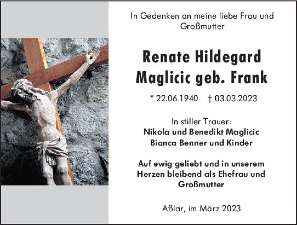  Traueranzeige für Renate Hildegard Maglicic vom 23.03.2023 aus Wetzlarer Neue Zeitung