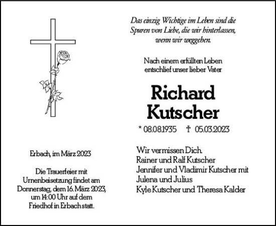 Traueranzeige von Richard Kutscher von Odenwälder Echo