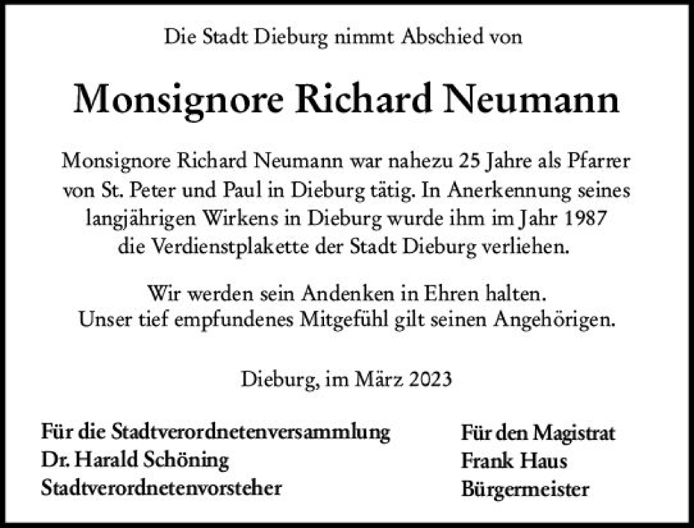  Traueranzeige für Richard Neumann vom 14.03.2023 aus Dieburger Anzeiger/Groß-Zimmerner Lokal-Anzeiger