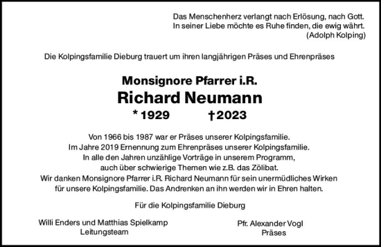 Traueranzeige von Richard Neumann von Dieburger Anzeiger/Groß-Zimmerner Lokal-Anzeiger