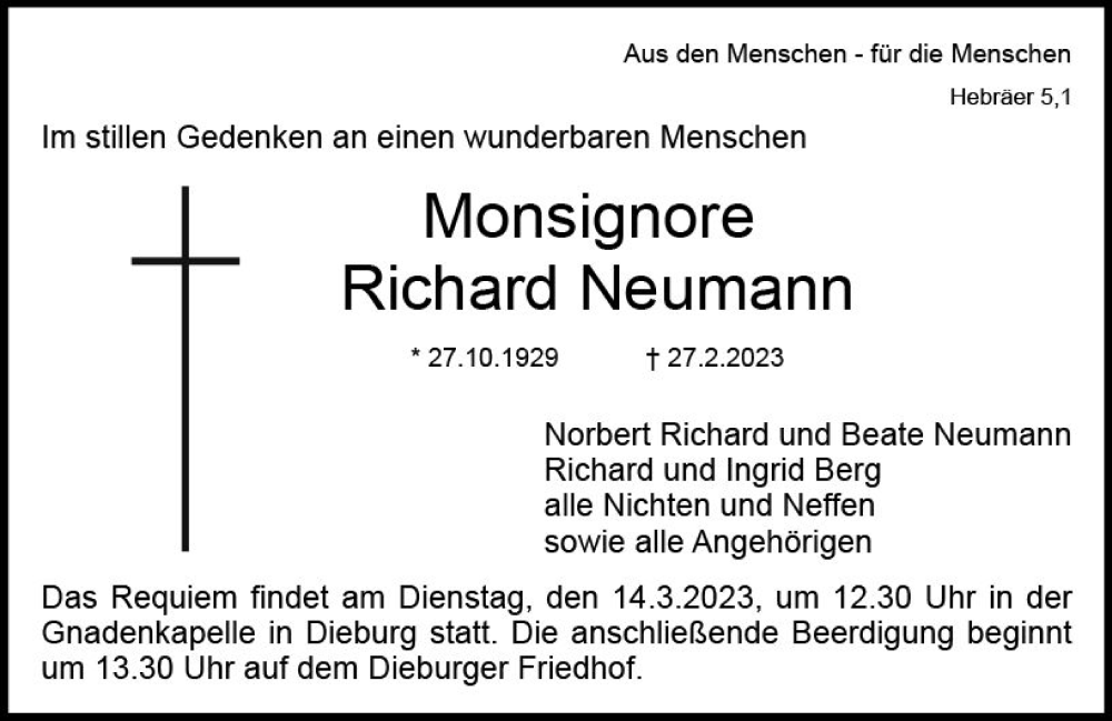  Traueranzeige für Richard Neumann vom 11.03.2023 aus Dieburger Anzeiger/Groß-Zimmerner Lokal-Anzeiger