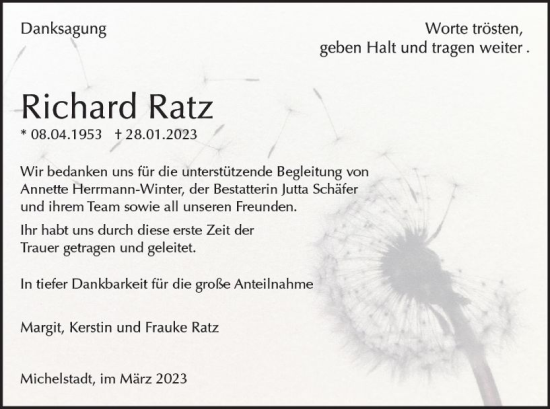 Traueranzeige von Richard Ratz von Odenwälder Echo