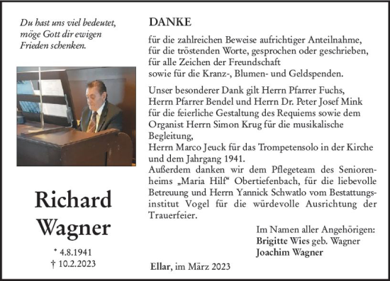 Traueranzeige von Richard Wagner von Nassauische Neue Presse