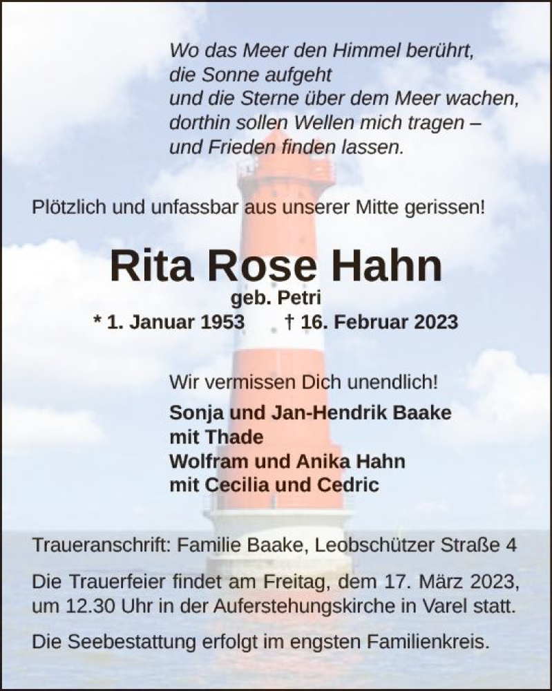 Traueranzeige für Rita Rose Hahn vom 14.03.2023 aus Darmstädter Echo