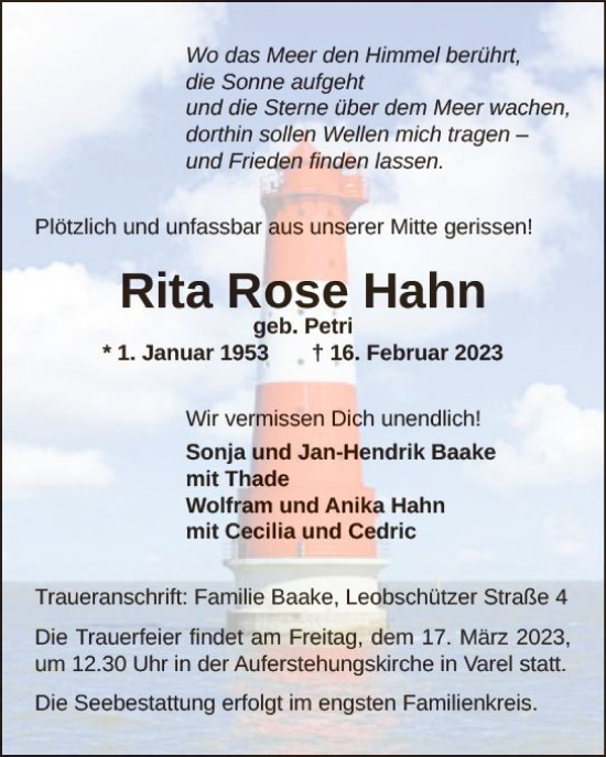 Traueranzeige von Rita Rose Hahn von Darmstädter Echo
