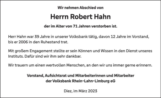 Traueranzeige von Robert Hahn von Nassauische Neue Presse