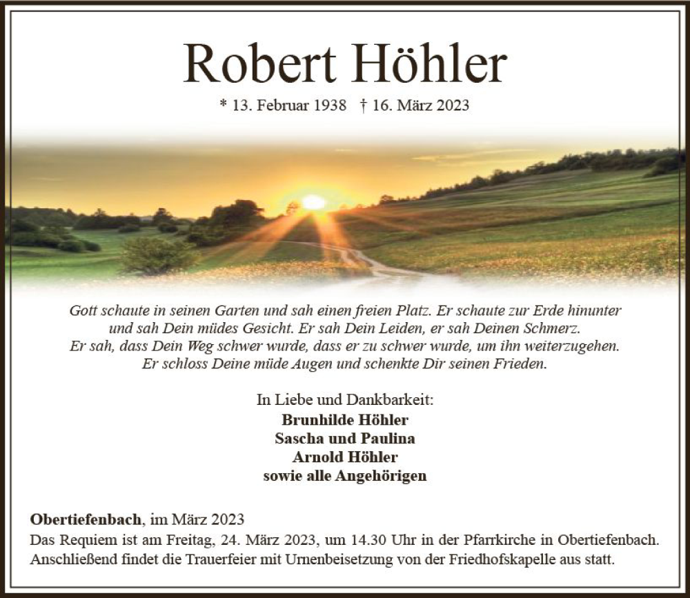  Traueranzeige für Robert Höhler vom 22.03.2023 aus Nassauische Neue Presse