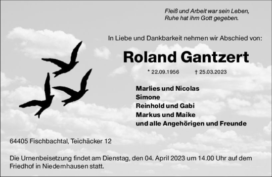 Traueranzeige von Roland Gantzert von Darmstädter Echo