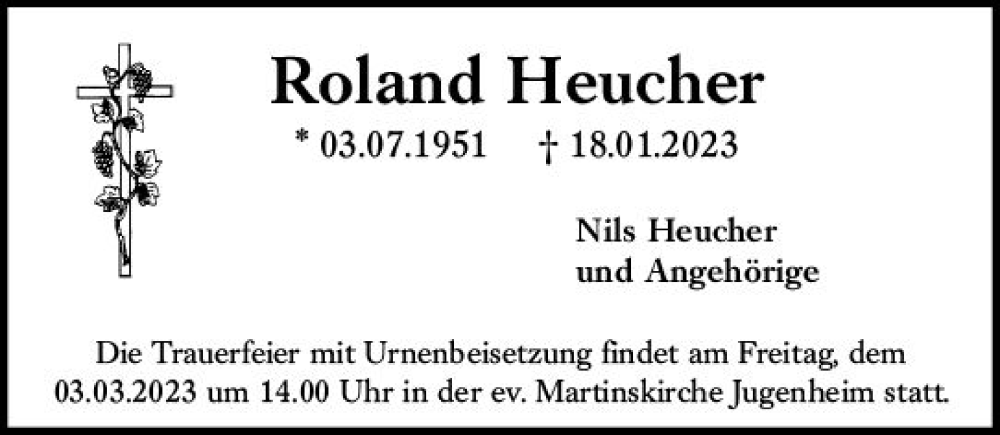  Traueranzeige für Roland Heucher vom 01.03.2023 aus Allgemeine Zeitung Mainz