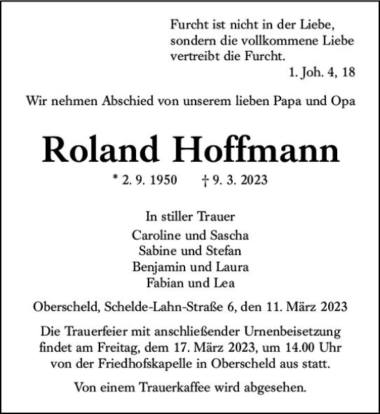 Traueranzeige von Roland Hoffmann von Dill Block