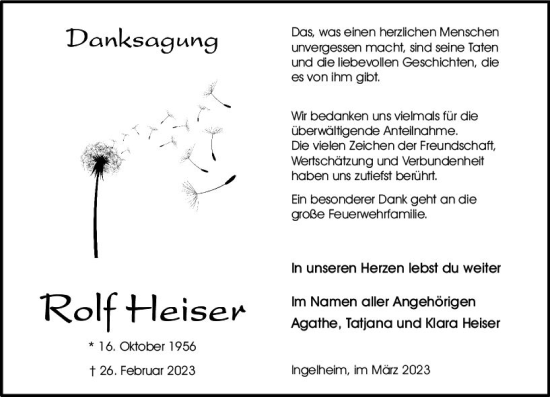 Traueranzeige von Rolf Heiser von Allgemeine Zeitung Bingen/Ingelheim