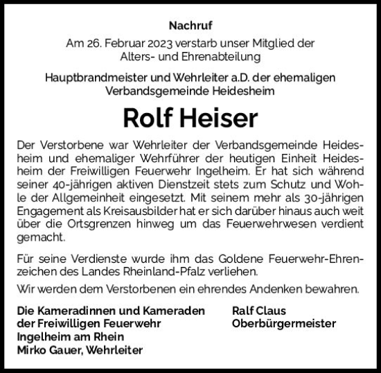 Traueranzeige von Rolf Heiser von Allgemeine Zeitung Bingen/Ingelheim
