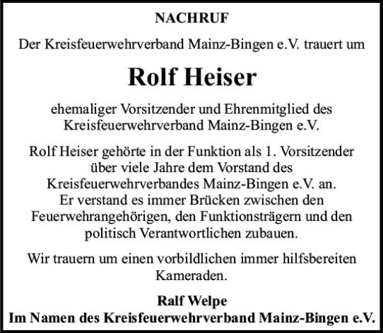 Traueranzeige von Rolf Heiser von Allgemeine Zeitung Bingen/Ingelheim