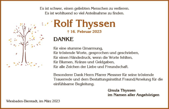 Traueranzeige von Rolf Thyssen von Wiesbadener Kurier