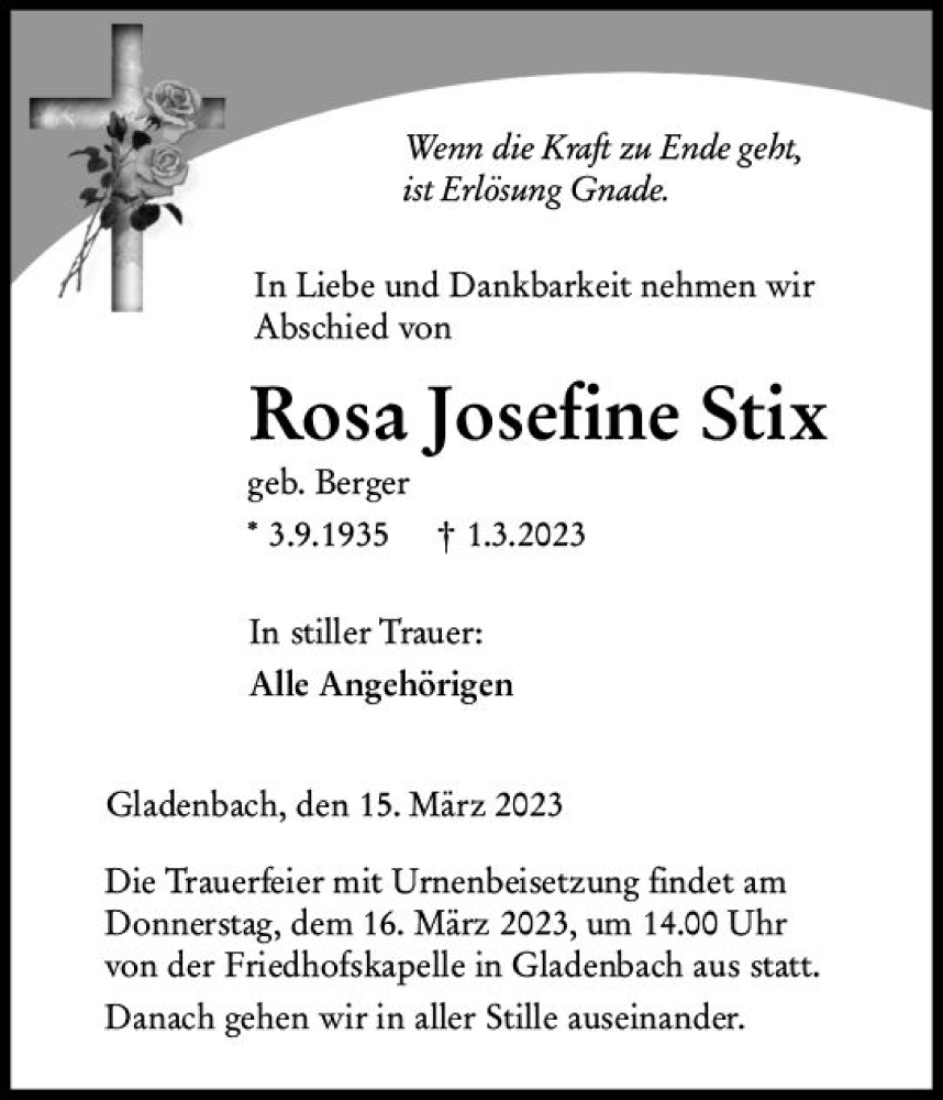  Traueranzeige für Rosa Josefine Stix vom 15.03.2023 aus Hinterländer Anzeiger