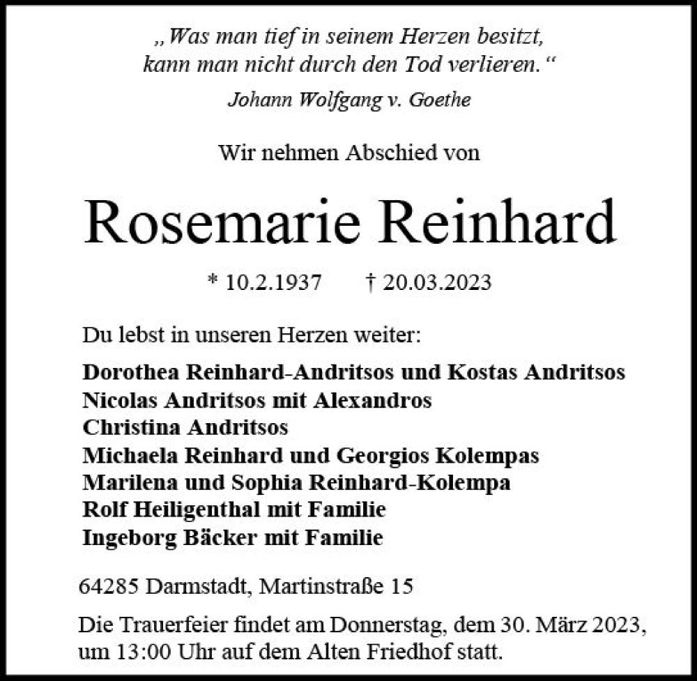 Traueranzeige für Rosemarie Reinhard vom 25.03.2023 aus Darmstädter Echo