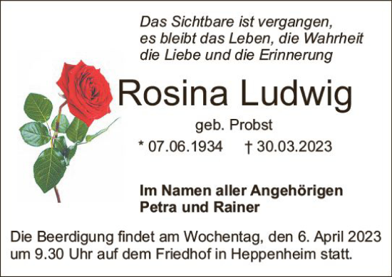 Traueranzeige von Rosina Ludwig von Starkenburger Echo