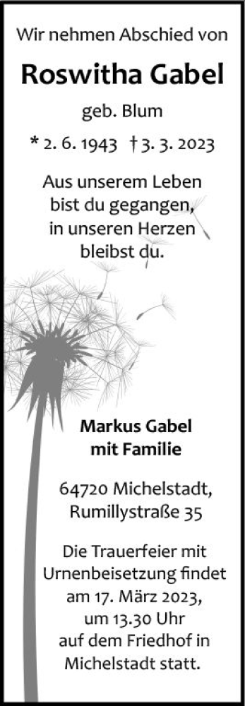 Traueranzeige von Roswitha Gabel von Odenwälder Echo