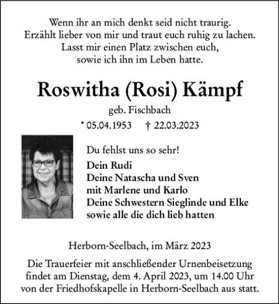 Traueranzeige von Roswitha Kämpf von Dill Block
