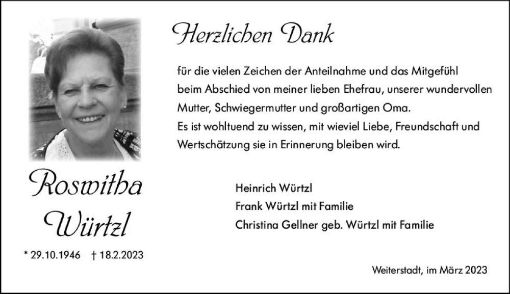  Traueranzeige für Roswitha Würtzl vom 25.03.2023 aus Darmstädter Echo