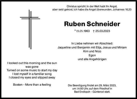 Traueranzeige von Ruben Schneider von Hinterländer Anzeiger