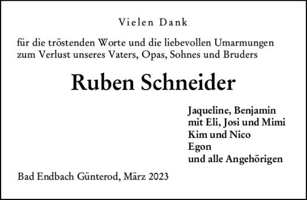  Traueranzeige für Ruben Schneider vom 01.04.2023 aus VRM Trauer