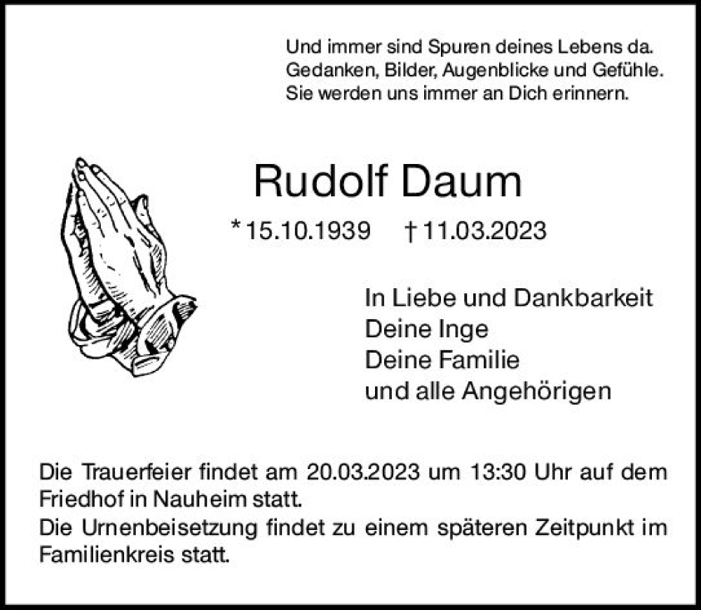  Traueranzeige für Rudolf Daum vom 18.03.2023 aus Rüsselsheimer Echo