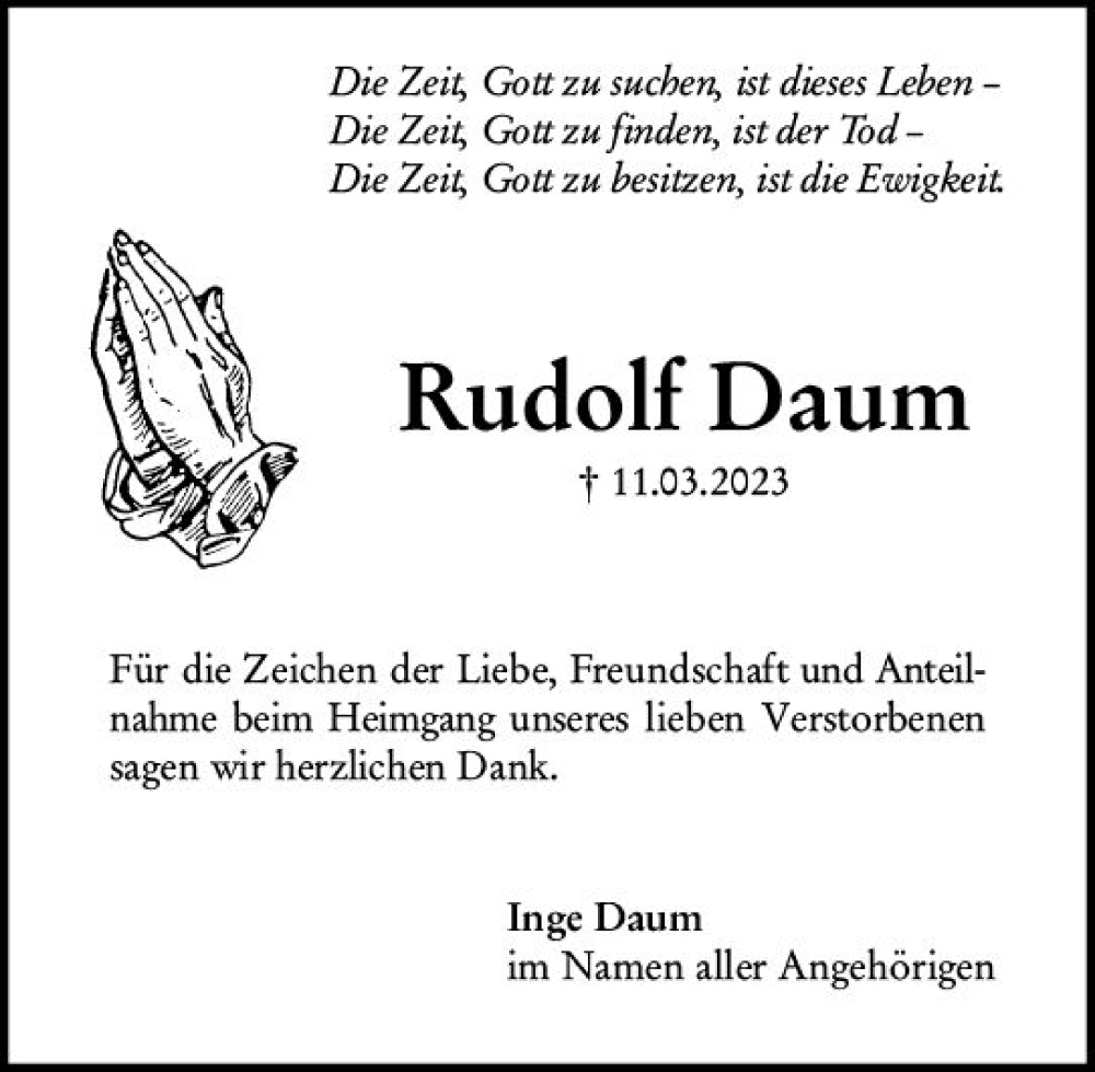  Traueranzeige für Rudolf Daum vom 01.04.2023 aus Rüsselsheimer Echo