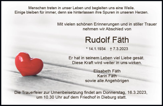 Traueranzeige von Rudolf Fäth von Dieburger Anzeiger/Groß-Zimmerner Lokal-Anzeiger