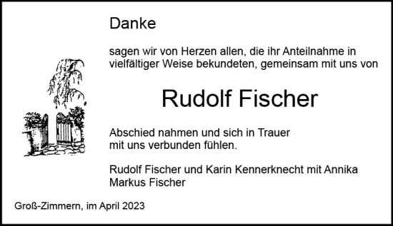 Traueranzeige von Rudolf Fischer von Dieburger Anzeiger/Groß-Zimmerner Lokal-Anzeiger
