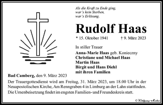 Traueranzeige von Rudolf Haas von Camberger Anzeiger