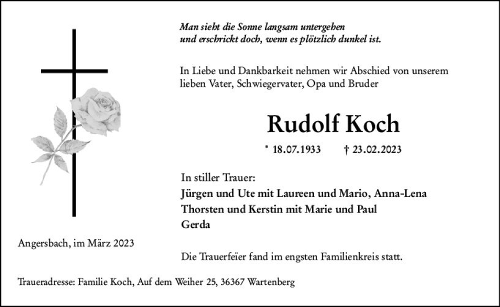  Traueranzeige für Rudolf Koch vom 11.03.2023 aus VRM Trauer