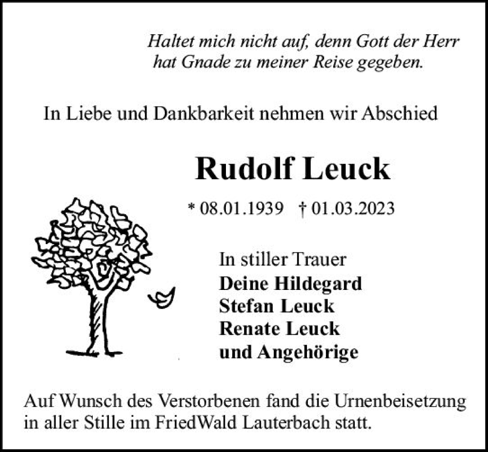  Traueranzeige für Rudolf Leuck vom 18.03.2023 aus VRM Trauer