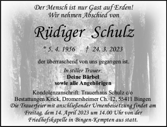 Traueranzeige von Rüdiger Schulz von Allgemeine Zeitung Bingen/Ingelheim