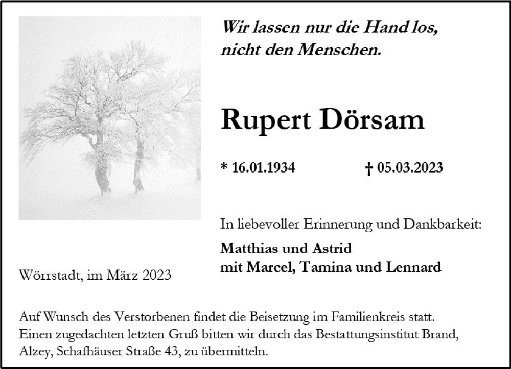 Traueranzeige für Rupert Dörsam vom 11.03.2023 aus Allgemeine Zeitung Alzey