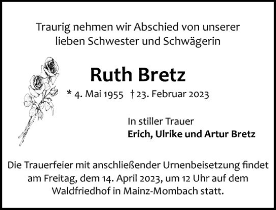 Traueranzeige von Ruth Bretz von Allgemeine Zeitung Mainz