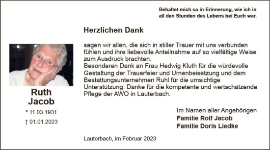 Traueranzeige von Ruth Jacob von VRM Trauer