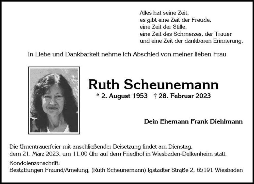  Traueranzeige für Ruth Scheunemann vom 11.03.2023 aus Wiesbadener Kurier