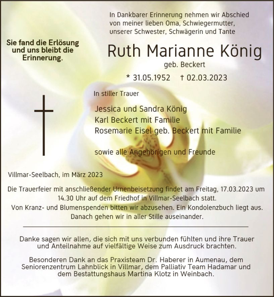  Traueranzeige für Ruth Marianne König vom 11.03.2023 aus Weilburger Tageblatt