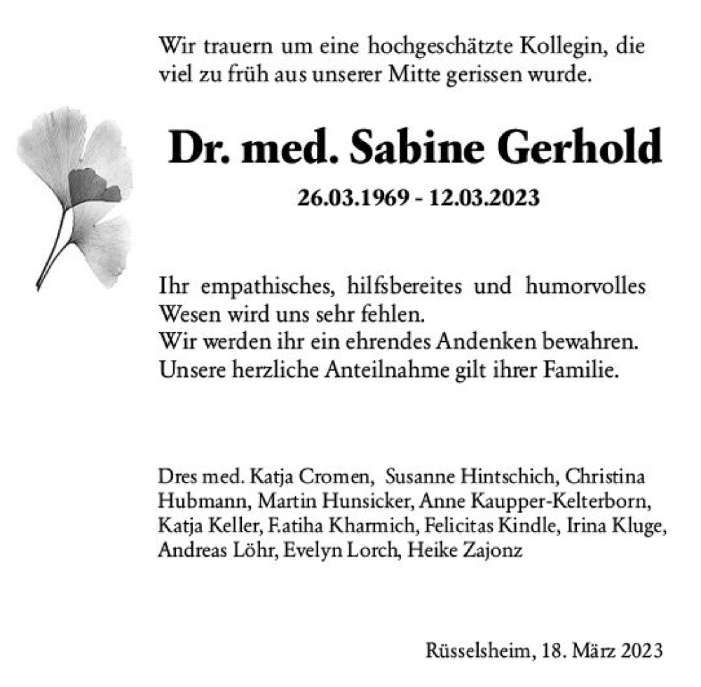  Traueranzeige für Sabine Gerhold vom 18.03.2023 aus Rüsselsheimer Echo