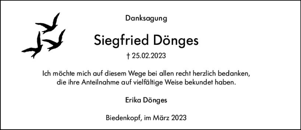  Traueranzeige für Siegfried Dönges vom 25.03.2023 aus Hinterländer Anzeiger