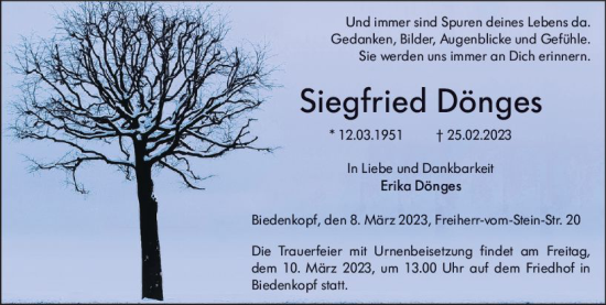Traueranzeige von Siegfried Dönges von Hinterländer Anzeiger