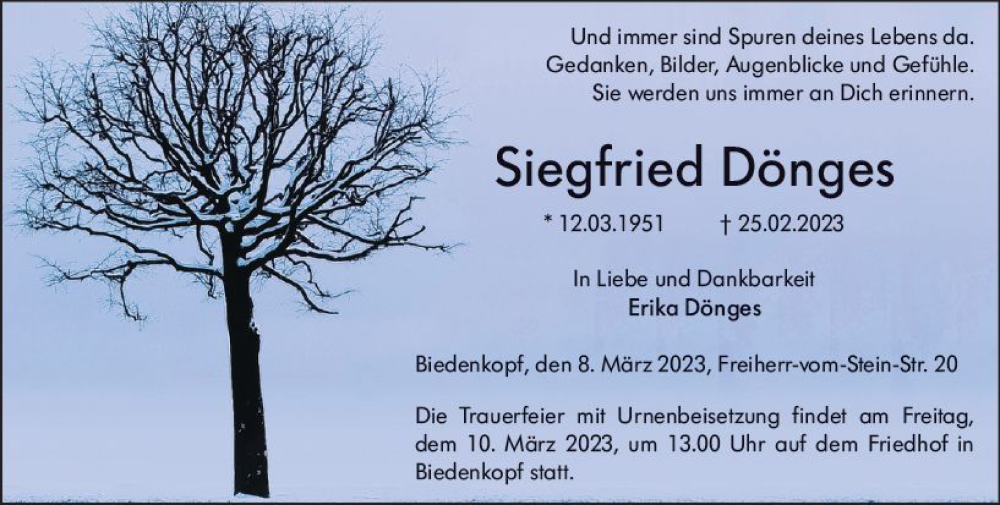  Traueranzeige für Siegfried Dönges vom 08.03.2023 aus Hinterländer Anzeiger