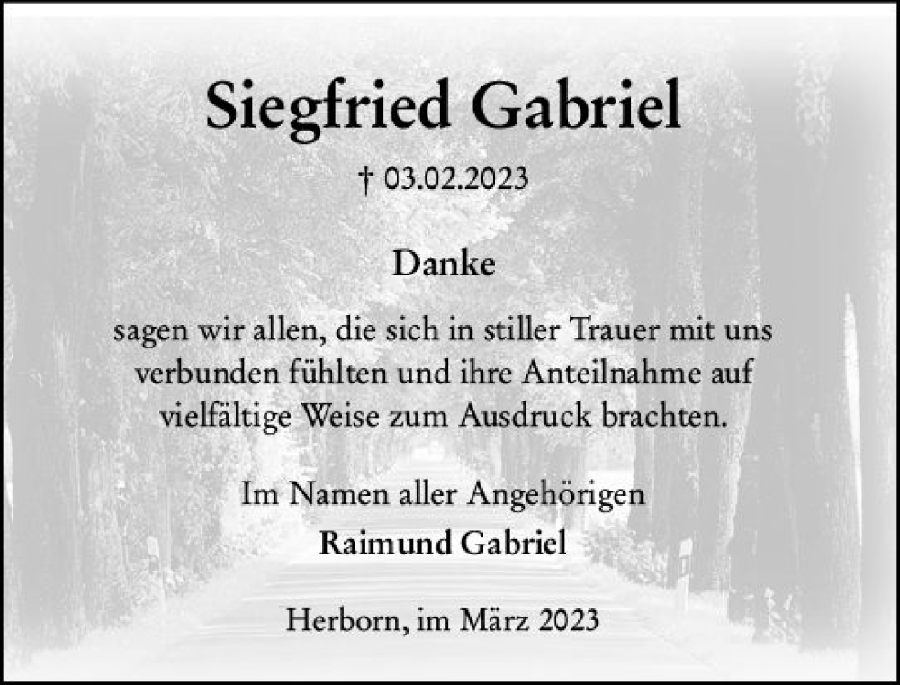  Traueranzeige für Siegfried Gabriel vom 04.03.2023 aus Dill Block