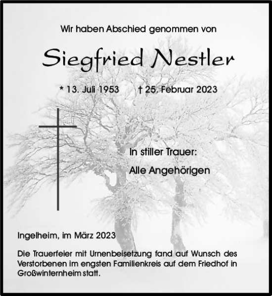 Traueranzeige von Siegfried Nestler von Allgemeine Zeitung Bingen/Ingelheim