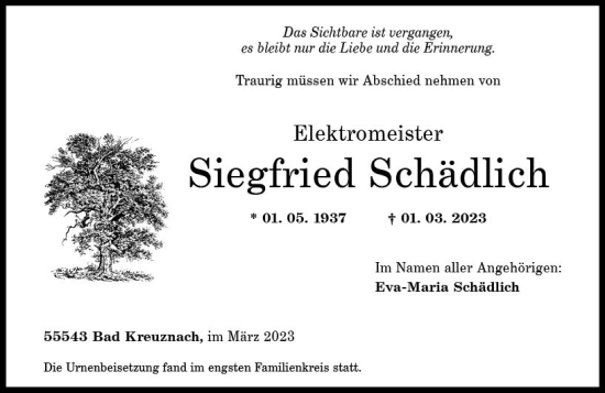 Traueranzeige von Siegfried Schädlich von Allgemeine Zeitung Bad Kreuznach